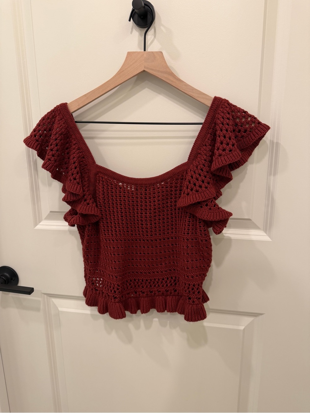 Express Crochet Ruffle Crop Top in Rust - Picture 3 of 7